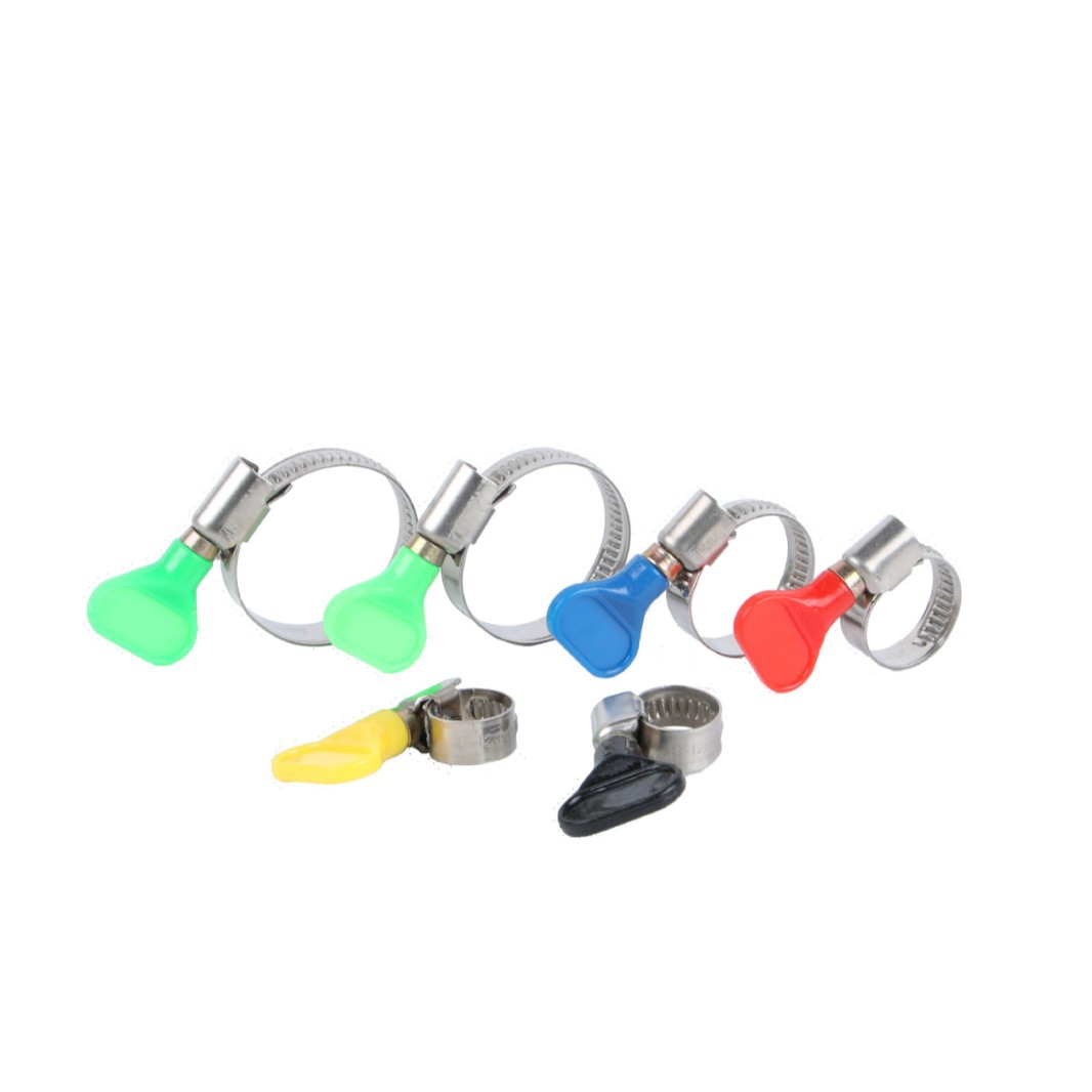 German hose clamps with plastic handles in multiple colors